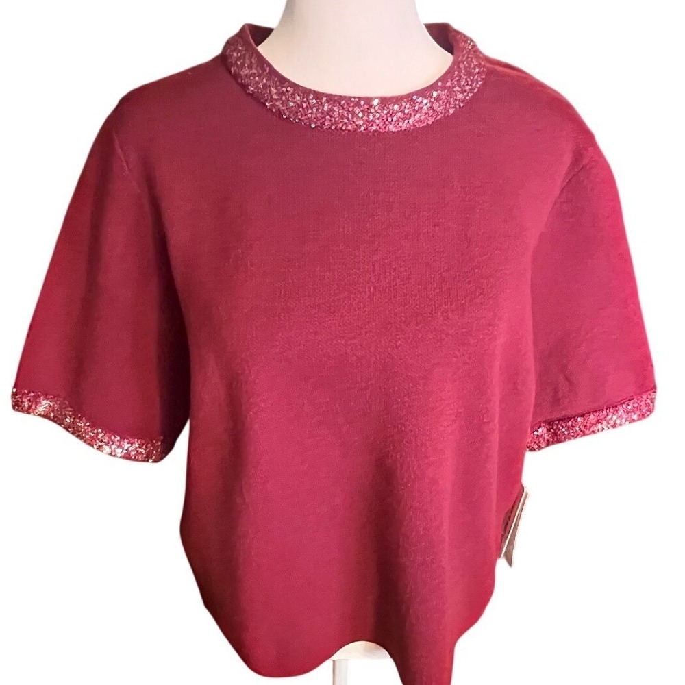 Nanette Lepore Burgundy Sequin Trim Short Sleeve Knit Top XL New